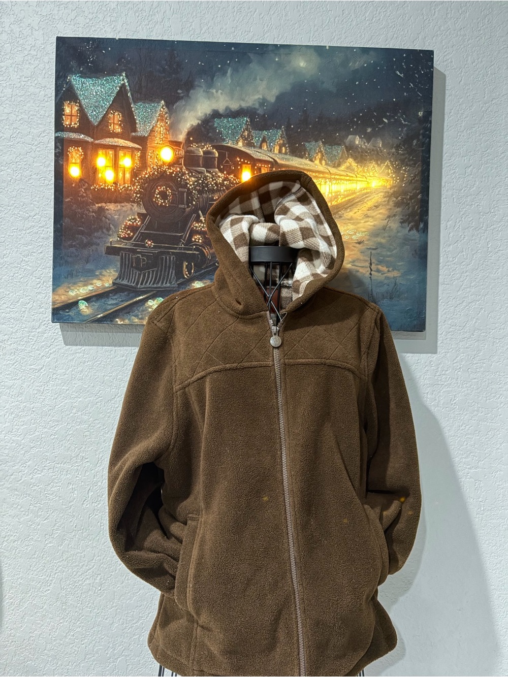 Men's Hooded Brown Fleece Puffer Jacket with Plaid Lining